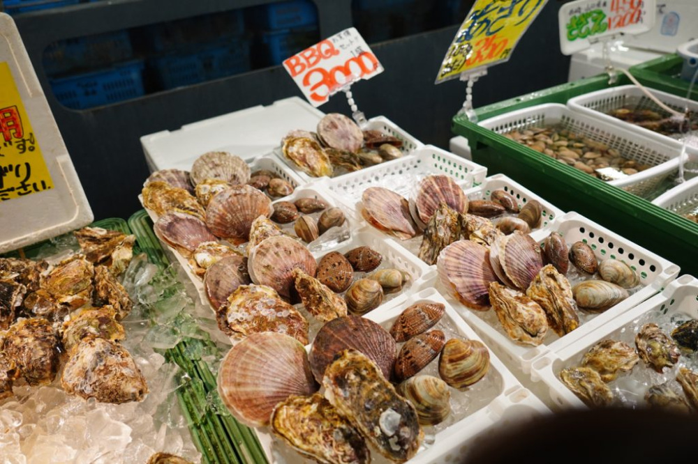 BBQにおすすめの貝類。一つひとつが普段スーパーで見かけるものより大きく、新鮮！